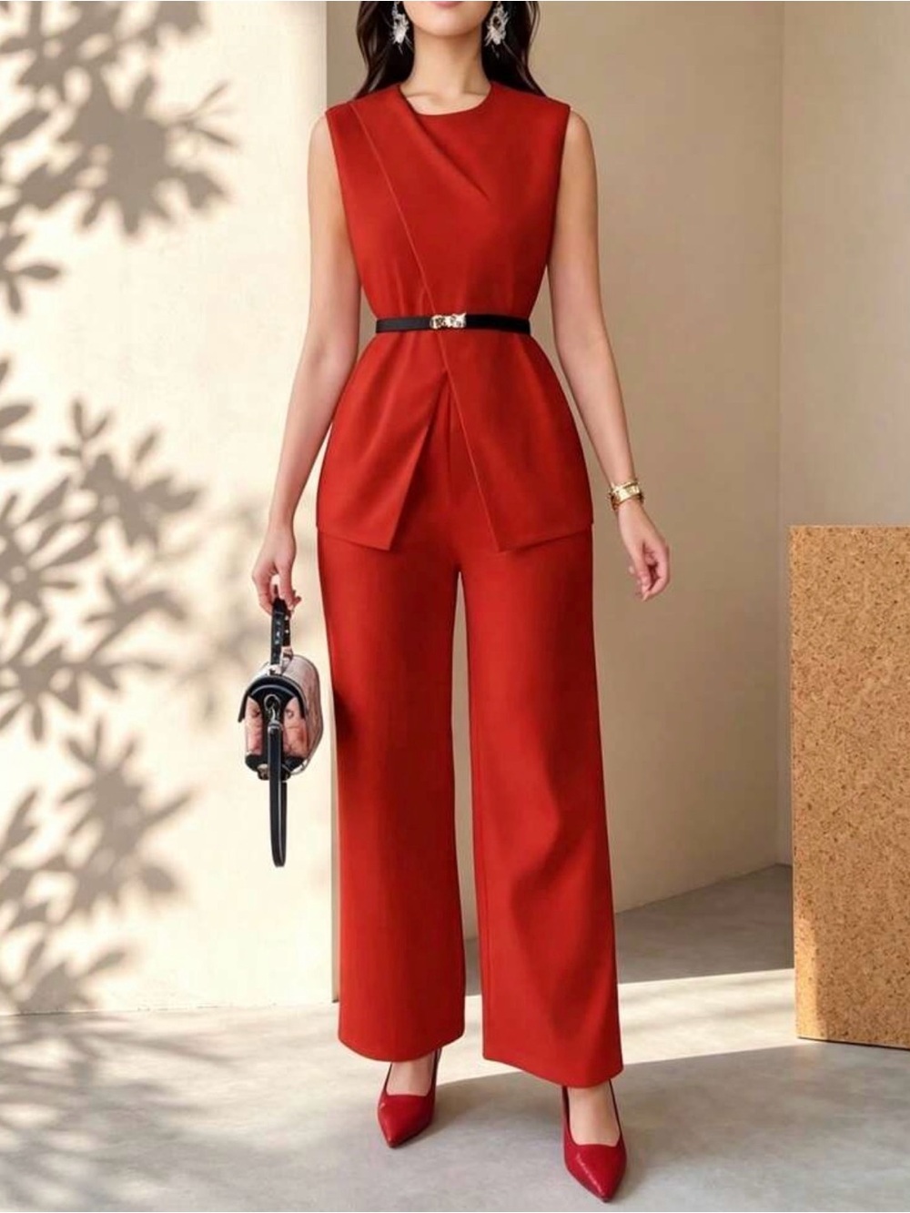 Cream Sleeveless Tailored Vest and Wide-Leg Pants Set - Picture 8 of 9